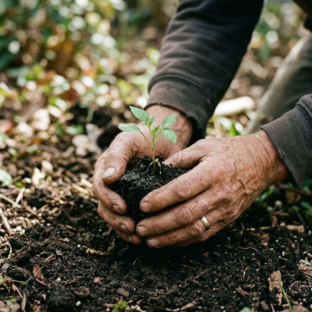 the spark in the field weathered hands holding a small green seedling above dark soil.