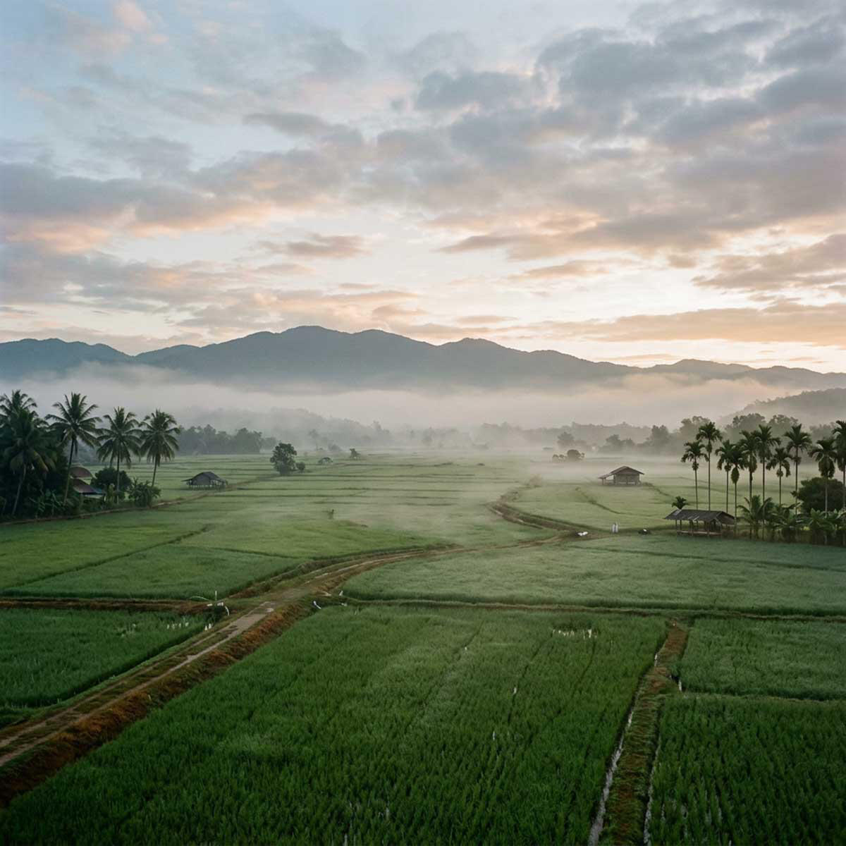 Farmland in rural Southeast Asia at dawn, with soft mist over green fields.